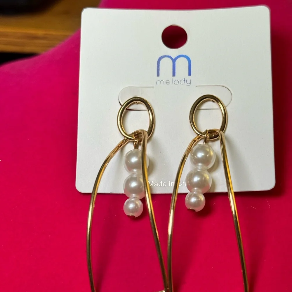 Gold Geometric Pearl Drop Earrings Abstract Dangle Earrings - Picture 5 of 5